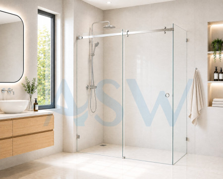 Frameless Shower Screen Corner Fixed Panel & Sliding Door & Return 2050H