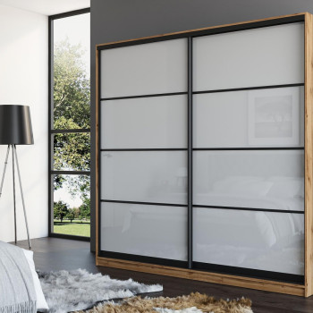 Slim Line Framed Sliding Wardrobe Doors Super white Glass With Horizontal Strips