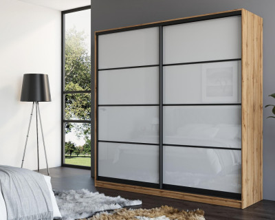 Slim Line Framed Sliding Wardrobe Doors Super white Glass With Horizontal Strips