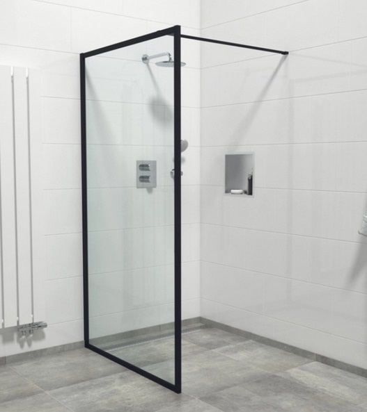 Fully Framed Shower Screen Panel Black Frame 6mm 2000H with support arm