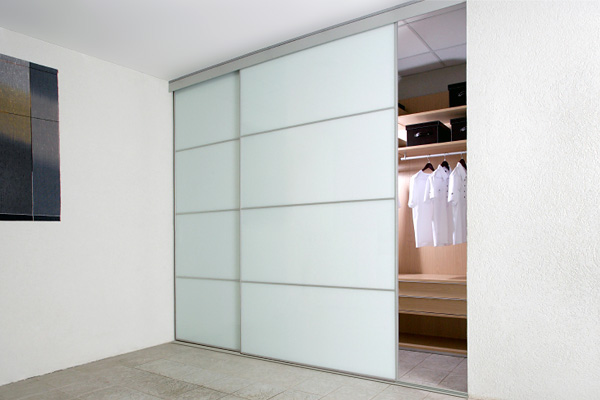 Fully Framed Sliding Wardrobe Doors Greenish white Glass with Horizontal Strips